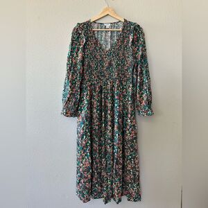 J Crew Smocked V Neck Long Sleeve Micro Floral Ruffle Midi Dress Green Size M